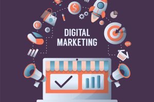 Digital marketing concept with online advertising and media symbols flat